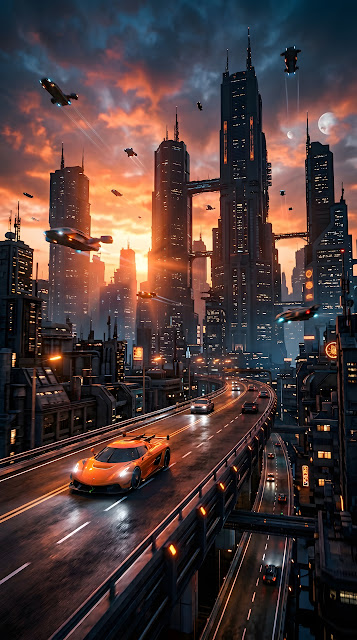 Futuristic Sci-Fi Cityscape with Flying Vehicles and Highway - Free mobile Wallpaper