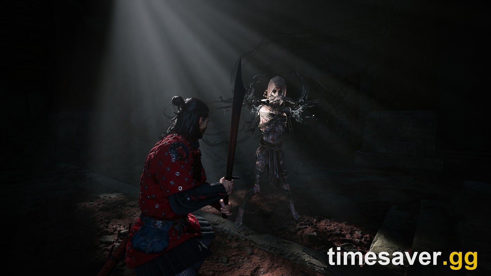 Coen kneels with a longsword facing a vampire in a shaft of light in The Blood of Dawnwalker — single-player action RPG gameplay