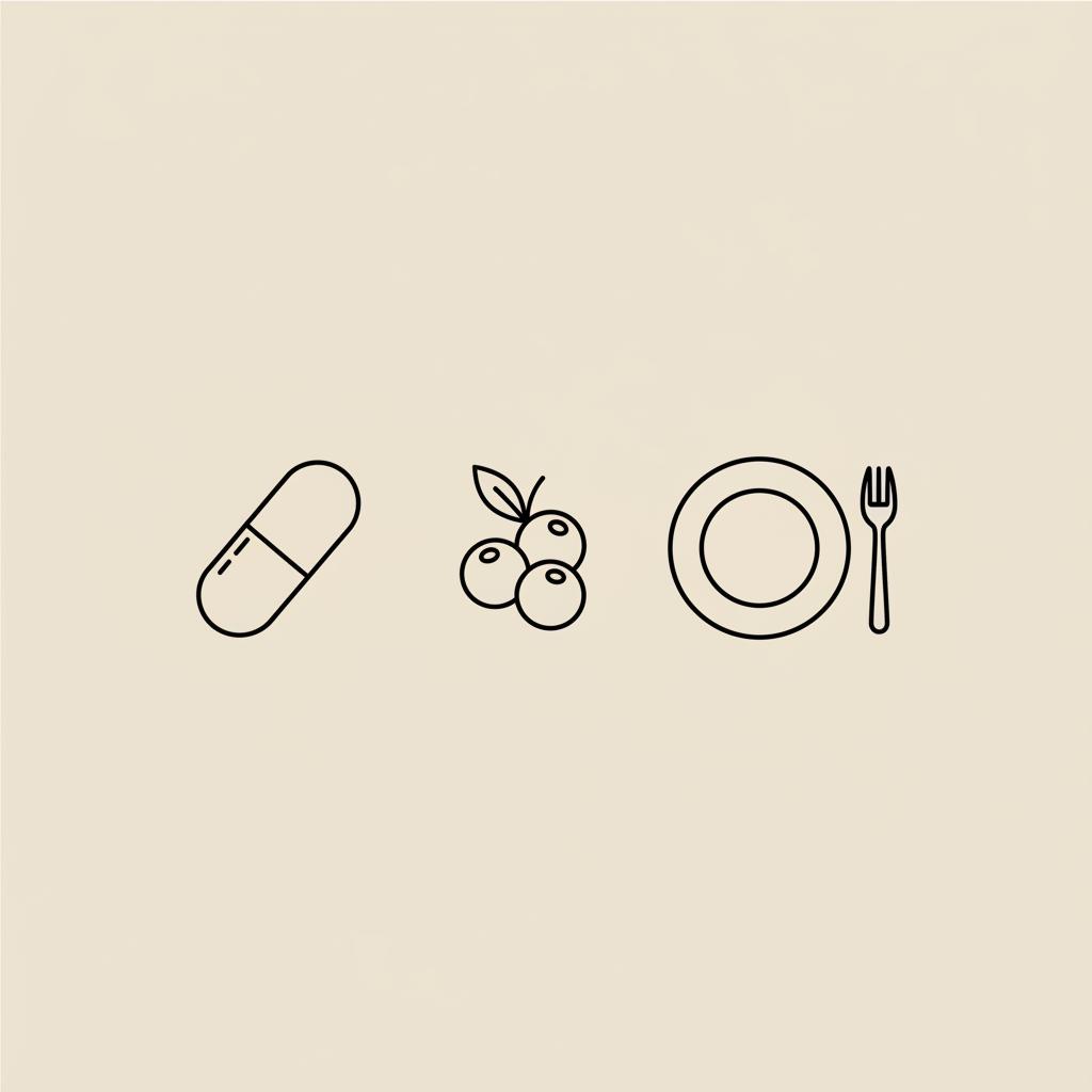 Minimal Tonum-style line illustration of a capsule, small berry cluster and a stylized plate with fork on beige background — pill to get rid of belly fat
