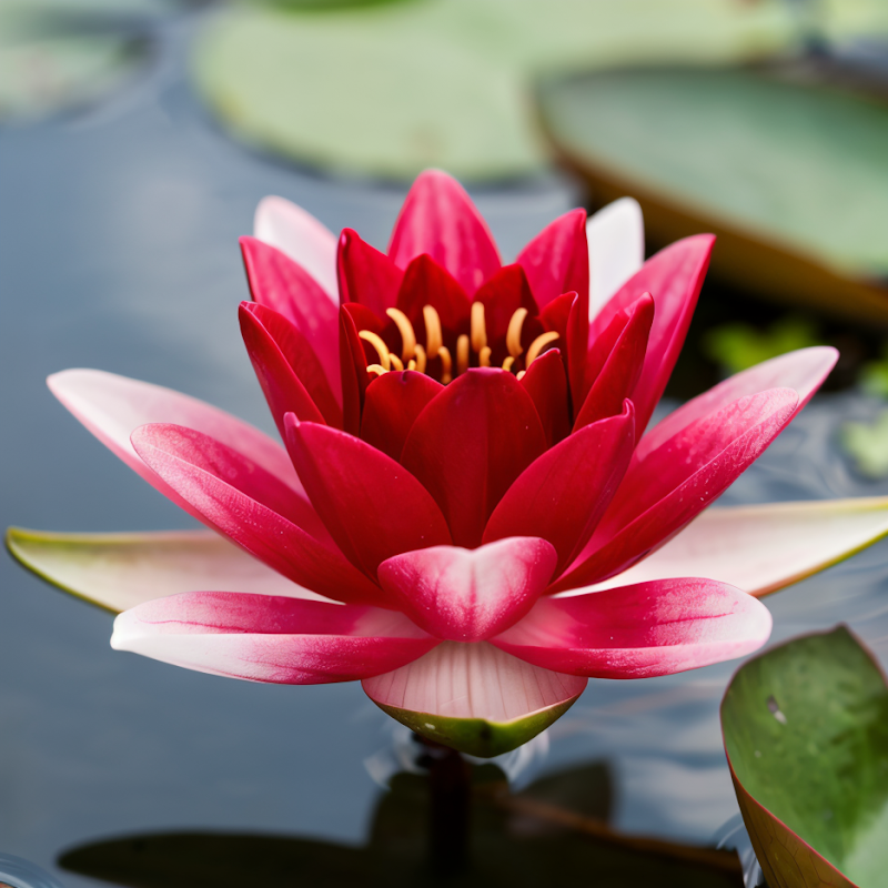 Nymphaea 'Falconer' rossa nel laghetto ornamentale