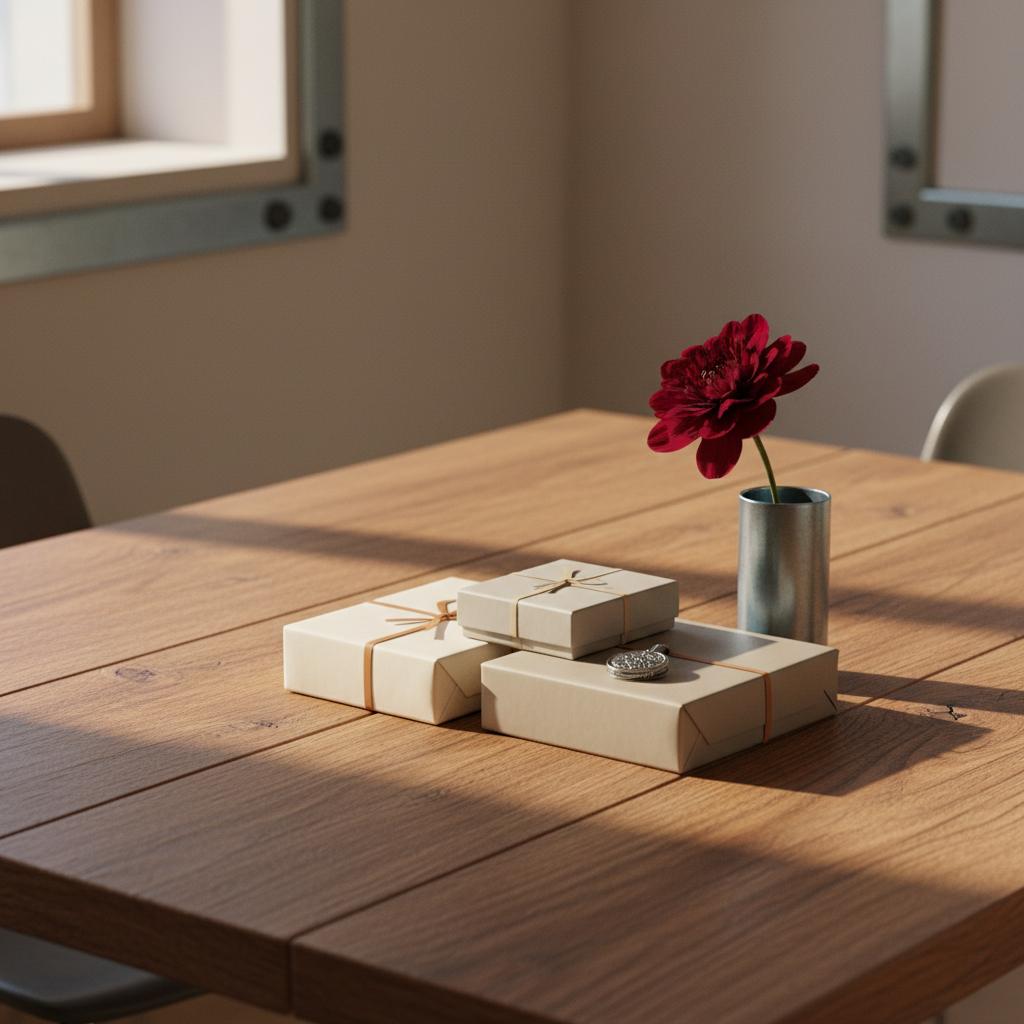 Nahaufnahme eines Holztischs mit Geschenkboxen, graviertem Metall-Anhänger und rubinroter Blüte – Rubinhochzeit Geschenkideen