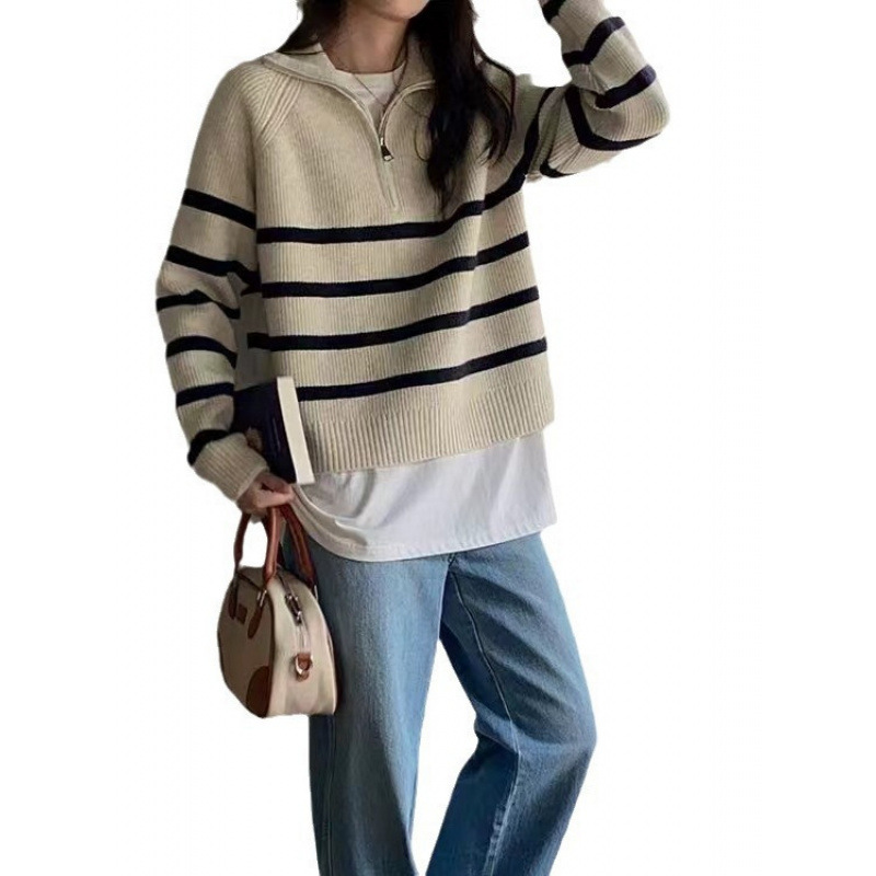 Damen-Strickpullover mit Streifen und Reißverschluss