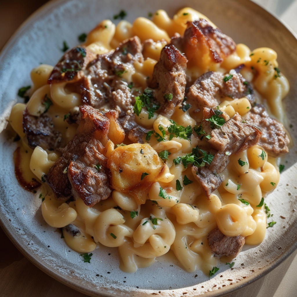 High-Protein Creamy Philly Cheesesteak Mac & Cheese Bliss - Easy Comfort Food finished