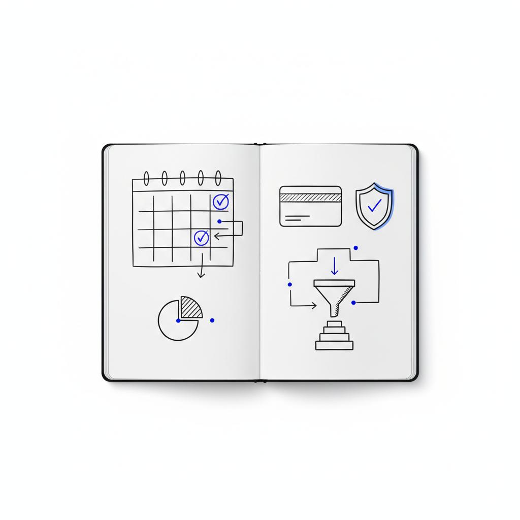 Top-down vector workspace with open notebook showing hand-drawn campaign calendar and a card-and-shield sketch for backup payments, blue #1a5bfb accents &mdash; Google Ads $500 threshold