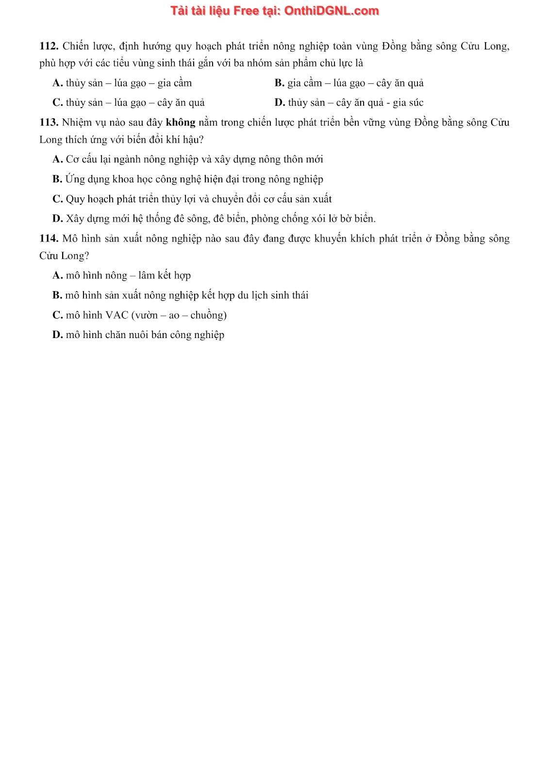 250 bài tập môn Địa Lý - Ôn thi ĐGNL ĐHQG TP HCM Phần 10