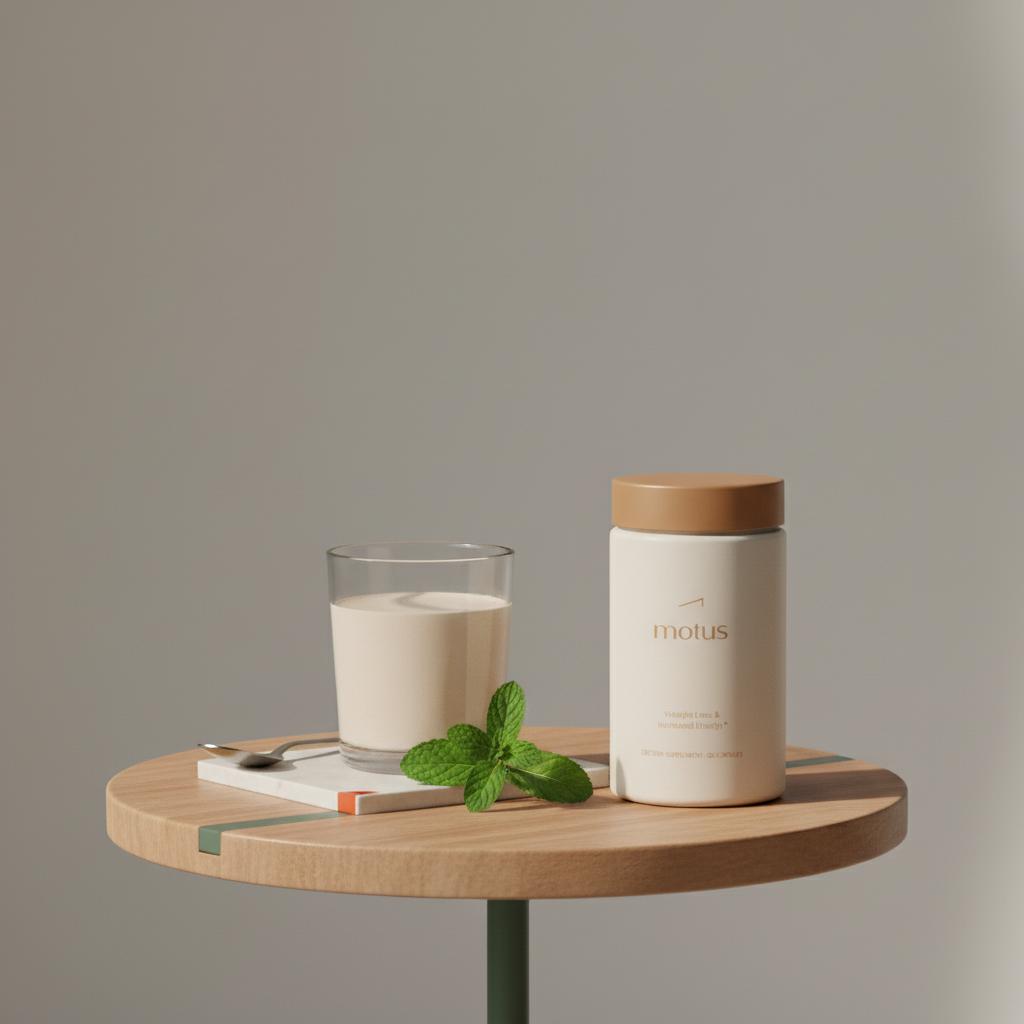 Close-up of Motus jar on a wooden table beside a prepared protein shake, spoon and mint sprig in a minimalist daylight scene for weight loss — how much weight can I lose in 2 weeks on shakes?