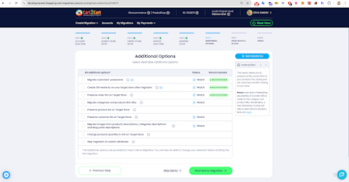 A full view of the 'Additional Options' page (Step 6 of the migration wizard), displaying a list of selectable migration options with checkboxes, 'Watch' links to videos, and 'Recommended' labels. A right sidebar shows a 'Get Assistance' button and an 'Instruction' box, offering contextual information. Navigation buttons for 'Previous Step', 'Skip Demo', and 'Start Demo Migration' are visible at the bottom.