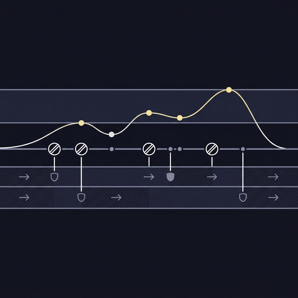 Minimal 2D vector timeline showing score markers possession bands and probability shifts across a single match illustrating How Game State Changes Fair Probability
