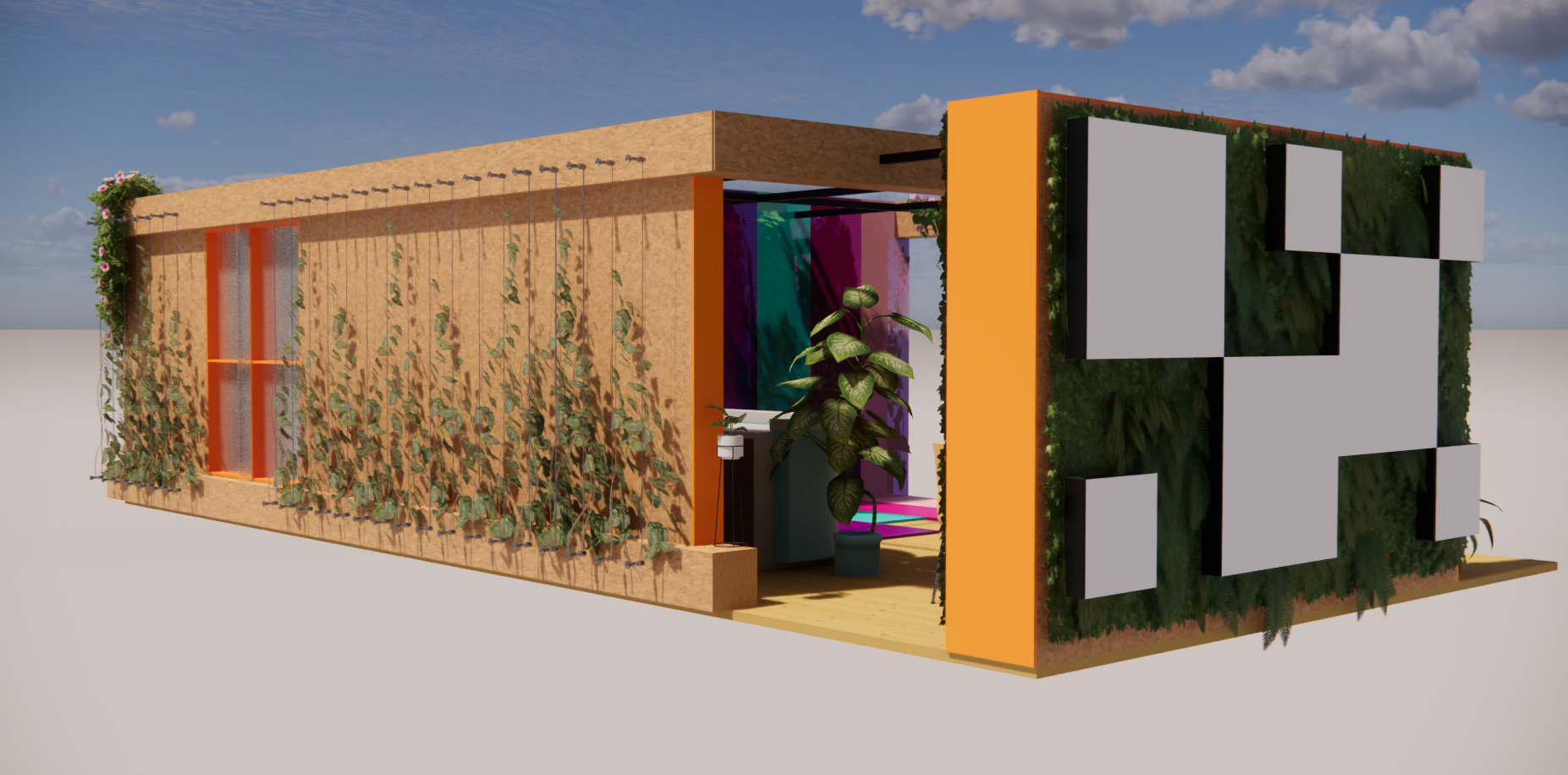 Render do projeto de estande modular com estrutura aberta, mostrando o layout interno com mobiliário e jardim vertical.