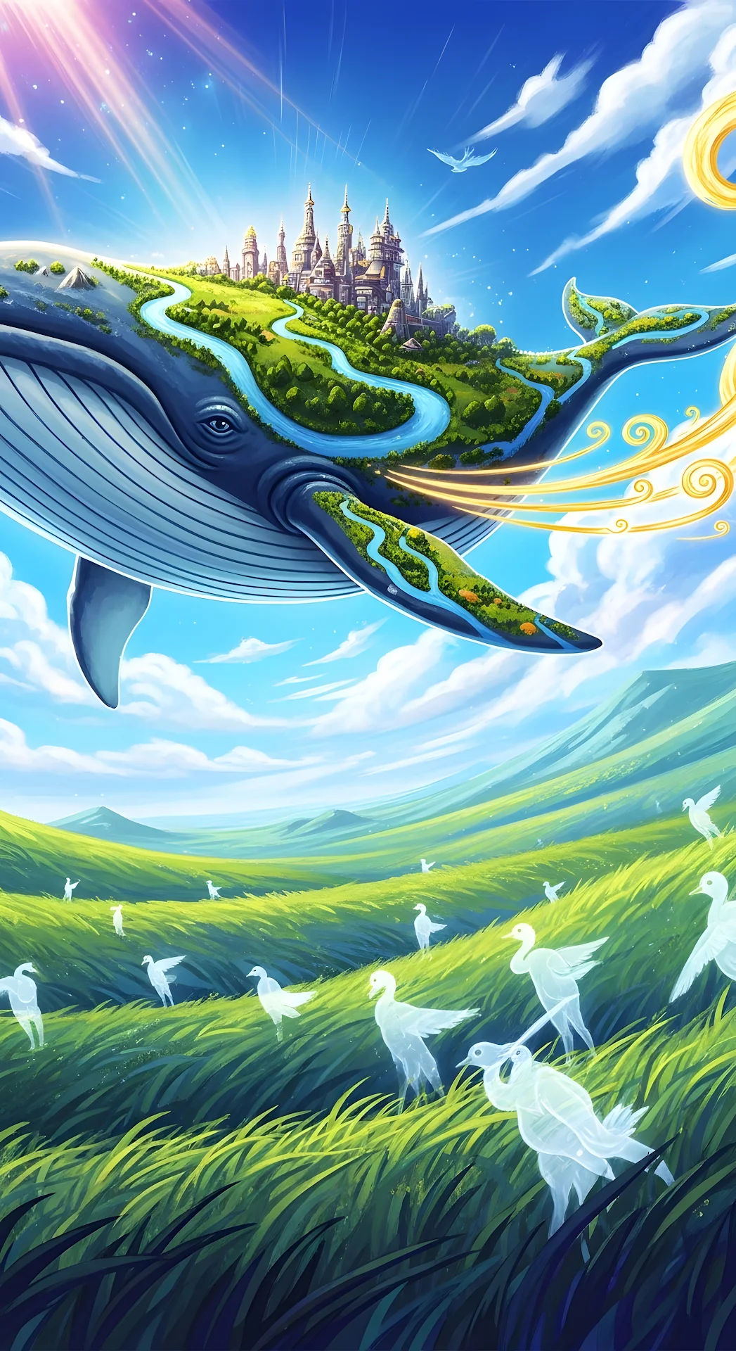 Flying Whale Castle Fantasy Landscape Surreal Art - Free 4K mobile Wallpaper