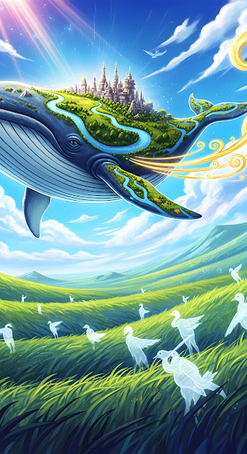 Flying Whale Castle Fantasy Landscape Surreal Art - Free mobile Wallpaper