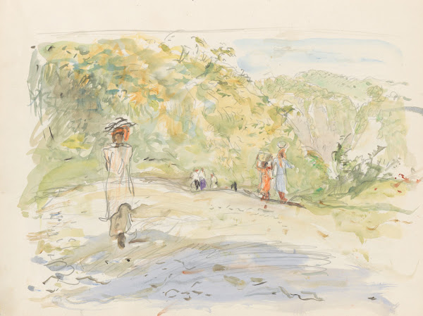 Heuvellandschap met figuren bij de oever van een rivier 1931