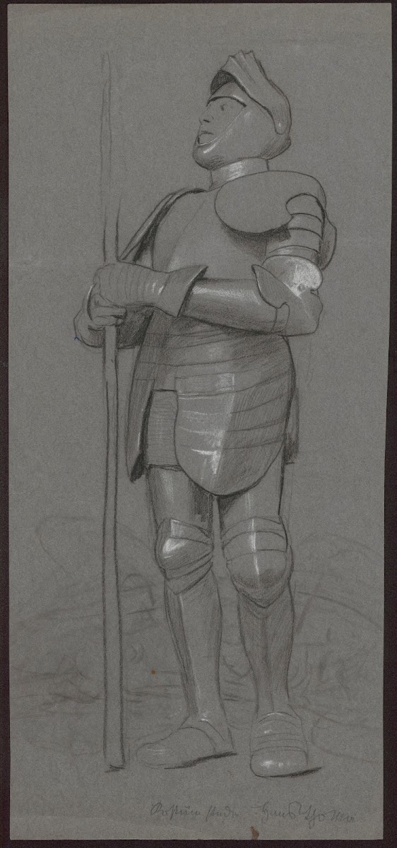 Study of the figure of St George in armour and helmet holding a spear in his han