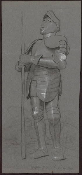 Study of the figure of St George in armour and helmet holding a spear in his han