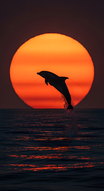 Surreal Photograph of a Dolphin Jumping Through a Circular Sunset Over the Ocean - Free mobile Wallpaper