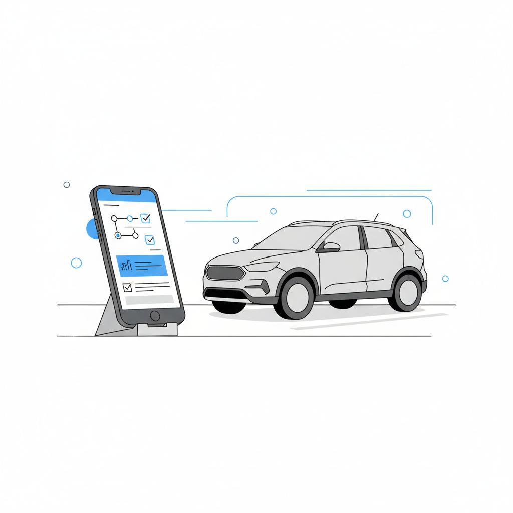 Minimalist vector of a smartphone showing a graphical vehicle history report beside a used SUV at a chevy car dealership near me in white and blue brand colors