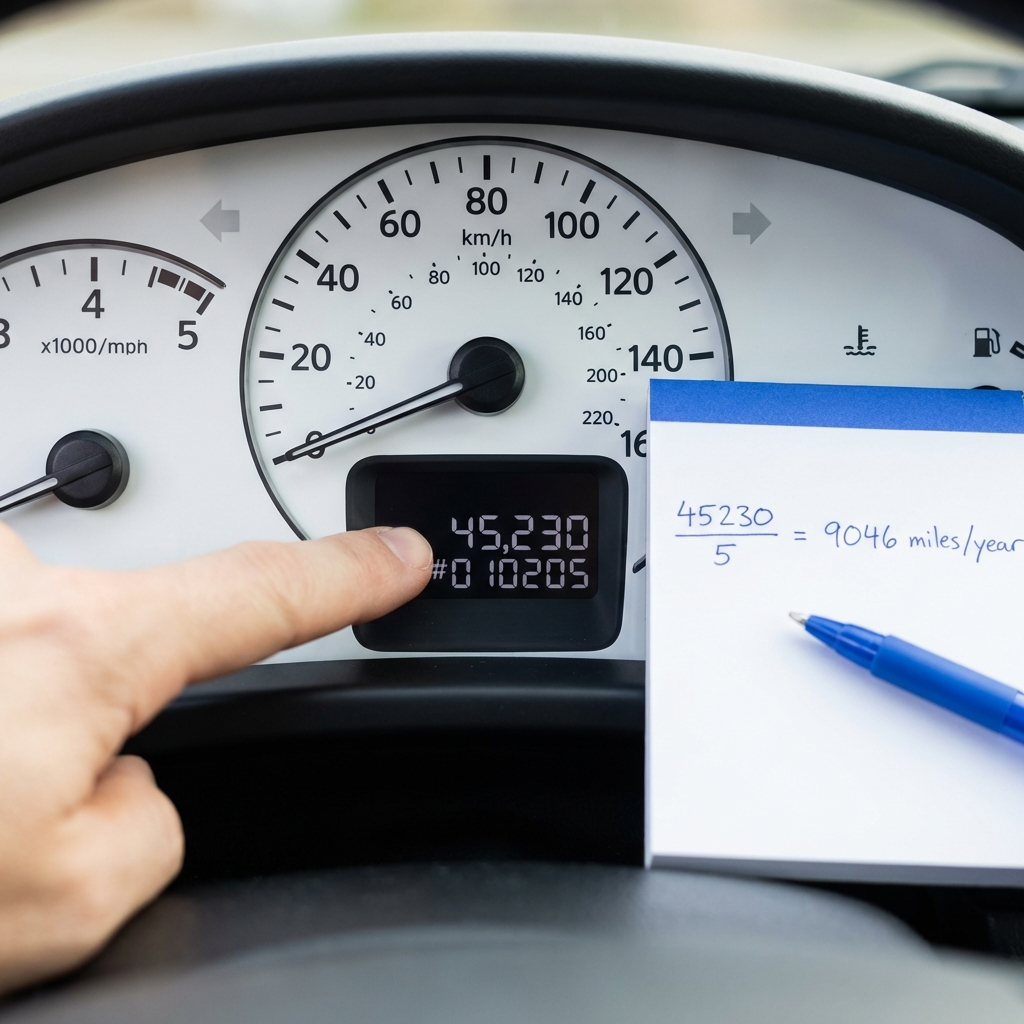Close full frame photo of a car odometer with a hand pointing at the reading and a notepad showing a quick miles per year calculation used autos near me