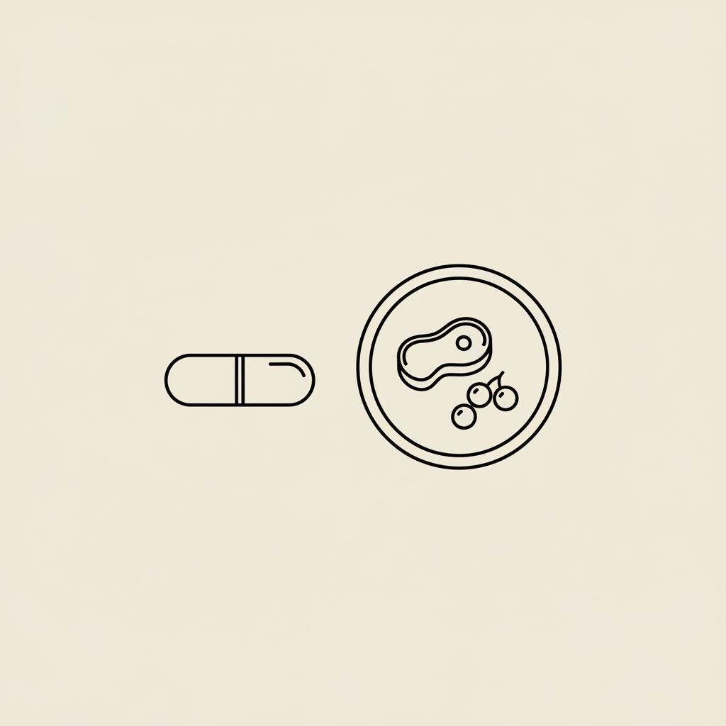 Minimal vector line illustration of a capsule beside a simple plate with a protein portion and berries on a beige background, representing appetite suppressants.