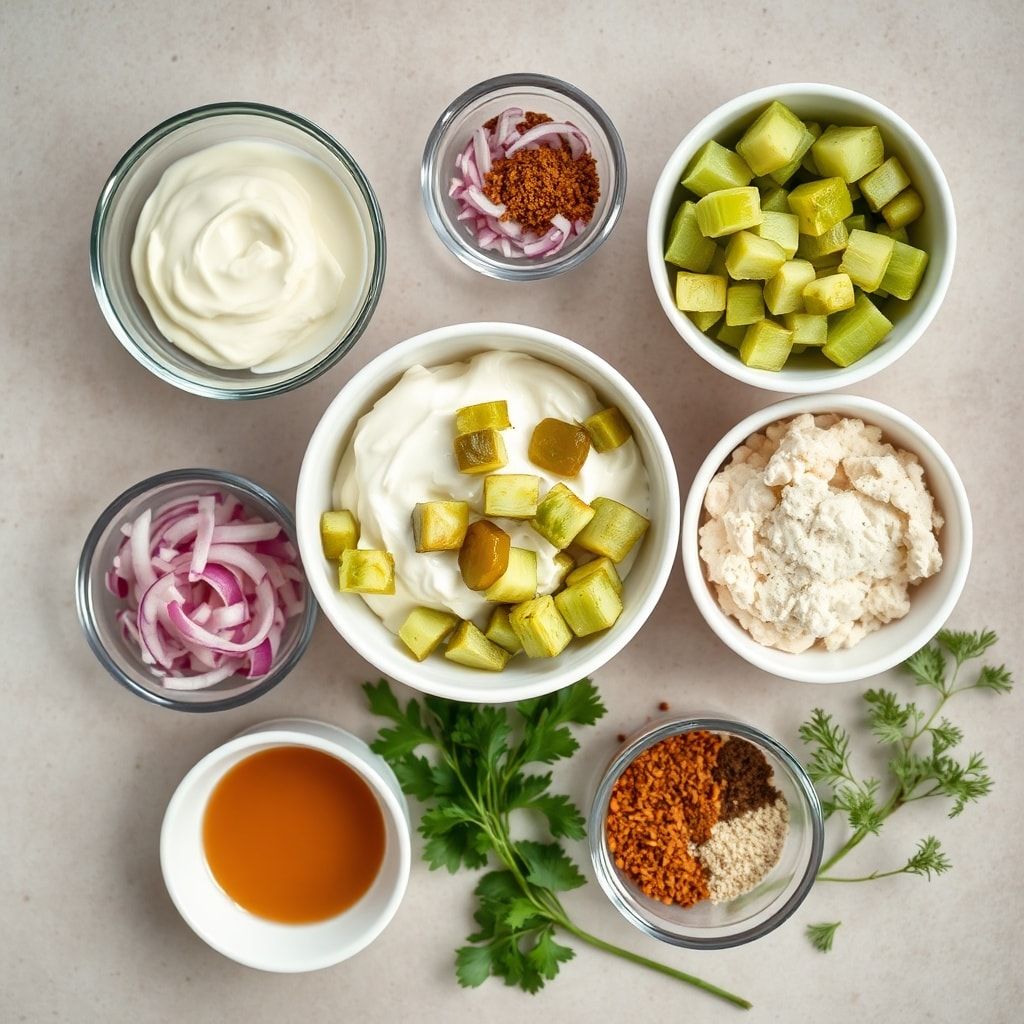 Ingredients for High-Protein Dill Pickle Chicken Salad: Creamy, Easy, High-Protein Meal (Ready in 40 Minutes)