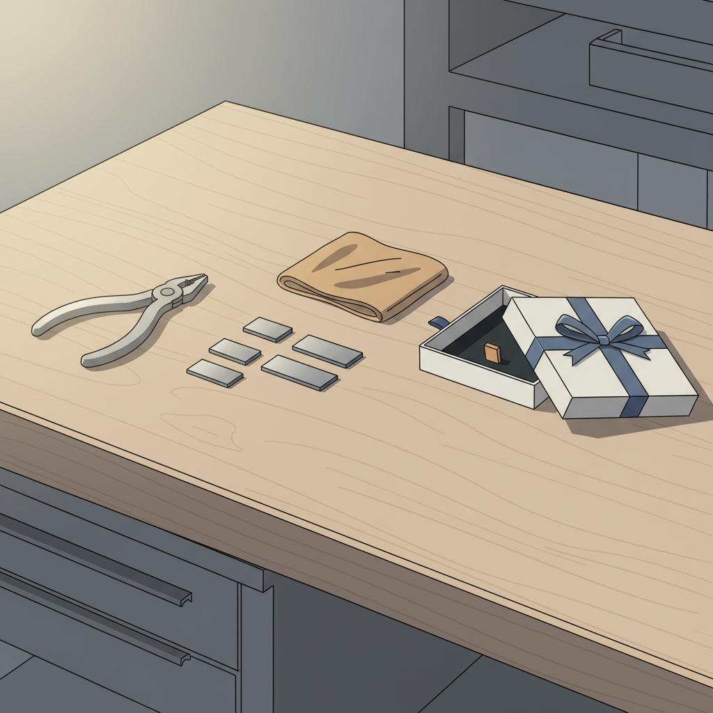 Detailaufnahme einer aufgeräumten Werkbank mit Geschenkvorbereitungen im Industrie-Look: Zangen, Poliertuch, kleine Metallplättchen und geöffnete Geschenkbox. Geschenke für 15-jährige Mädchen