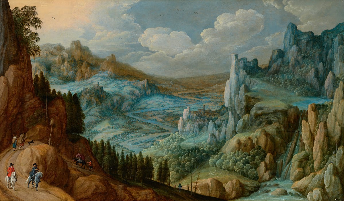 An extensive mountainous landscape with travellers on a path 1624