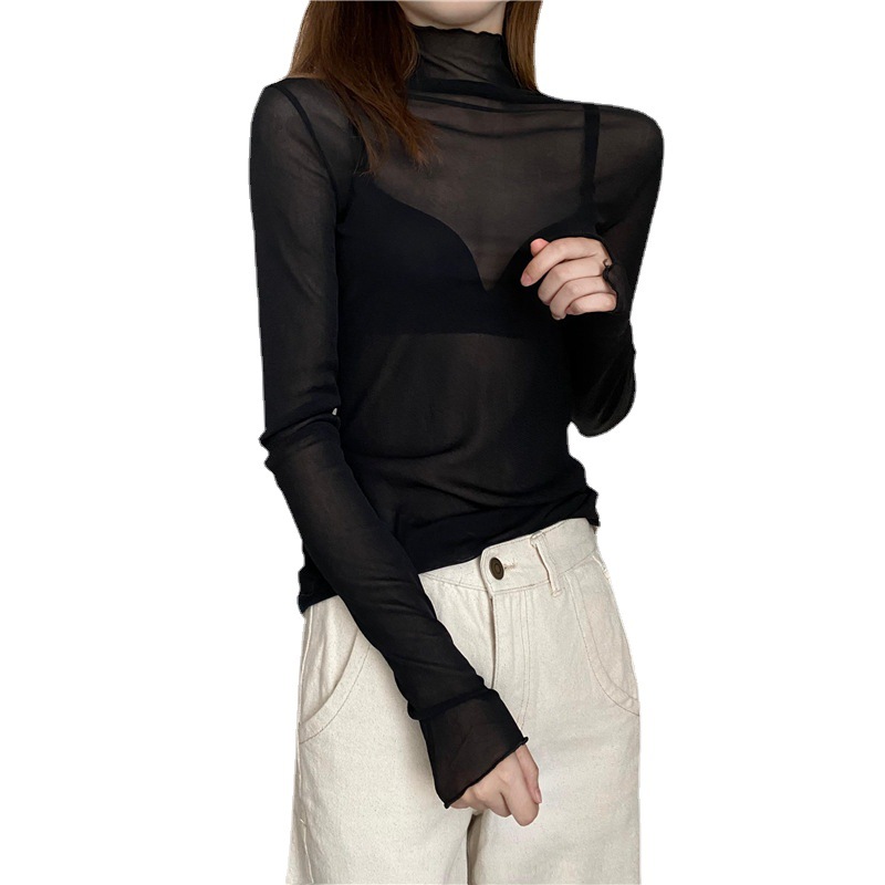 Lace and mesh roll-neck top for women