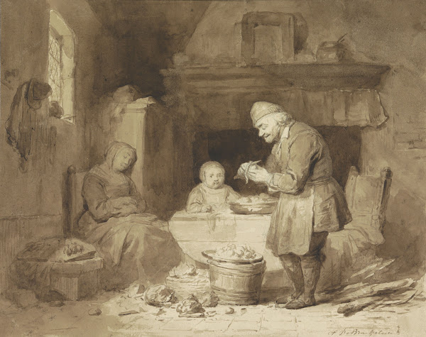 While a woman has fallen asleep an old man peels potatoes