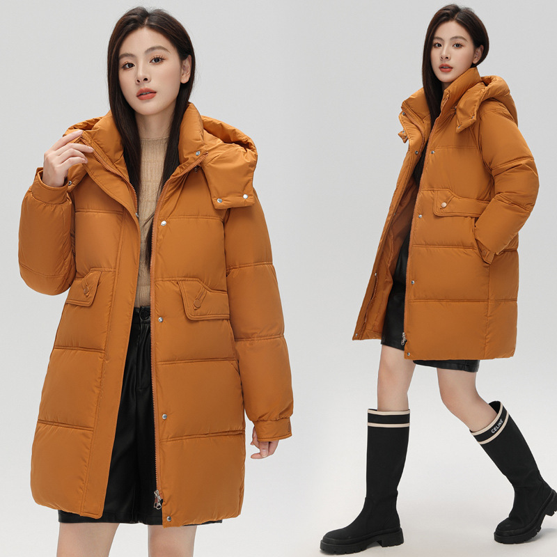 Mid-length women's padded jacket with hood, lined