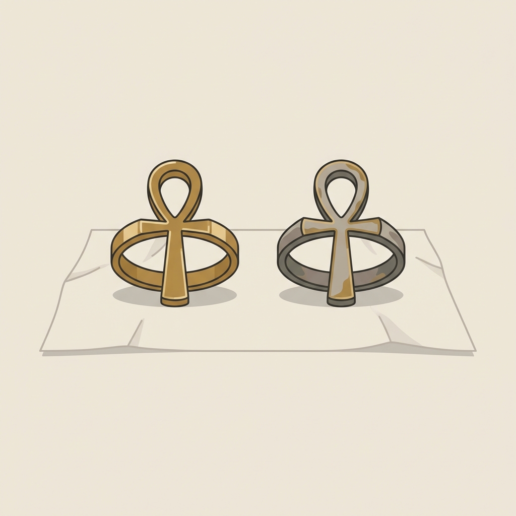 Minimalist 2D vector of two ankh rings on museum style cloth illustrating ankh ring meaning modern polished ring beside a contemporary reproduction on beige background