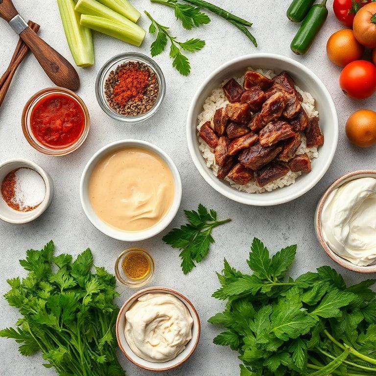 Ingredients for Irresistible Korean BBQ Steak Rice Bowls with Spicy Cream Sauce — Quick Homemade Dinner
