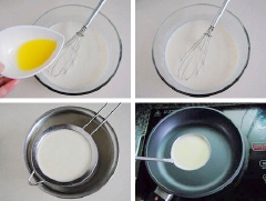 Bơ đun tan chảy. Cho bơ vào hỗn hợp ở bước 1, khuấy đều, đặt trong tủ lạnh khoảng 20-30 phút. Lấy hỗn hợp bánh ra, tráng mỏng trong chảo với 2 muỗng canh dầu ăn.
