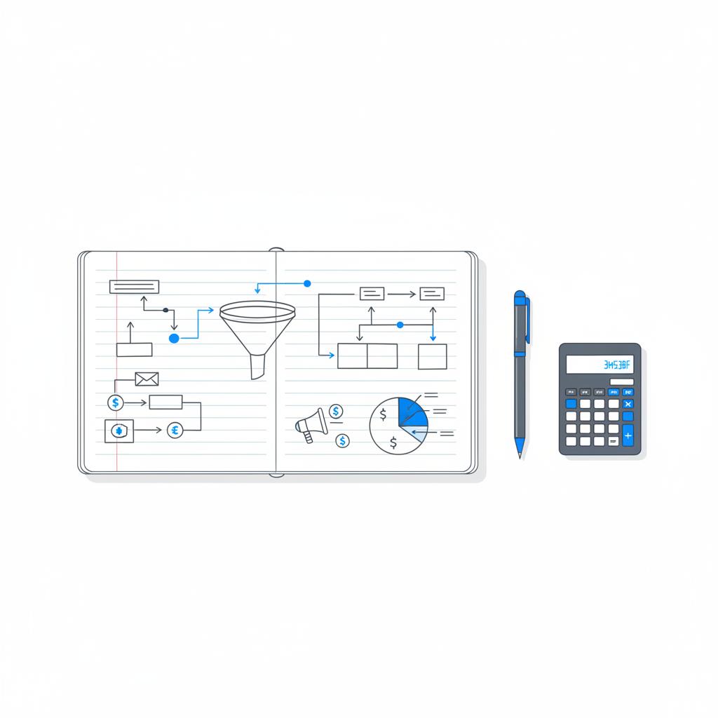 Overhead 2D vector of a clean notebook with funnel sketches, pen and calculator on a white desk, minimalist marketing layout visualizing how much is 1000 emails worth