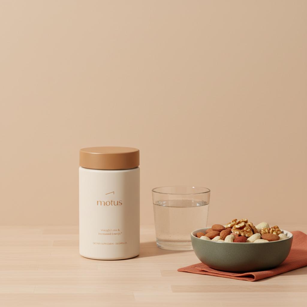 Tonum Motus container on a light wooden counter beside a bowl of whole nuts and a glass of water in a minimalist scene highlighting best supplement for sugar cravings