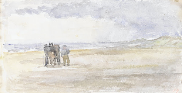 Man met paard en wagen op het strand 1834   1911