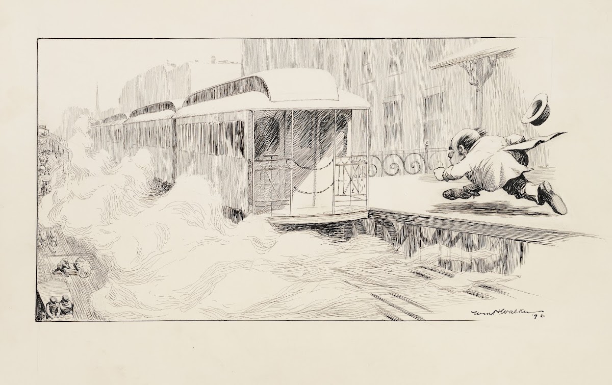 A man runs to catch a departing train 1896