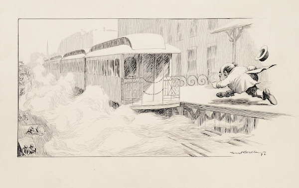 A man runs to catch a departing train 1896