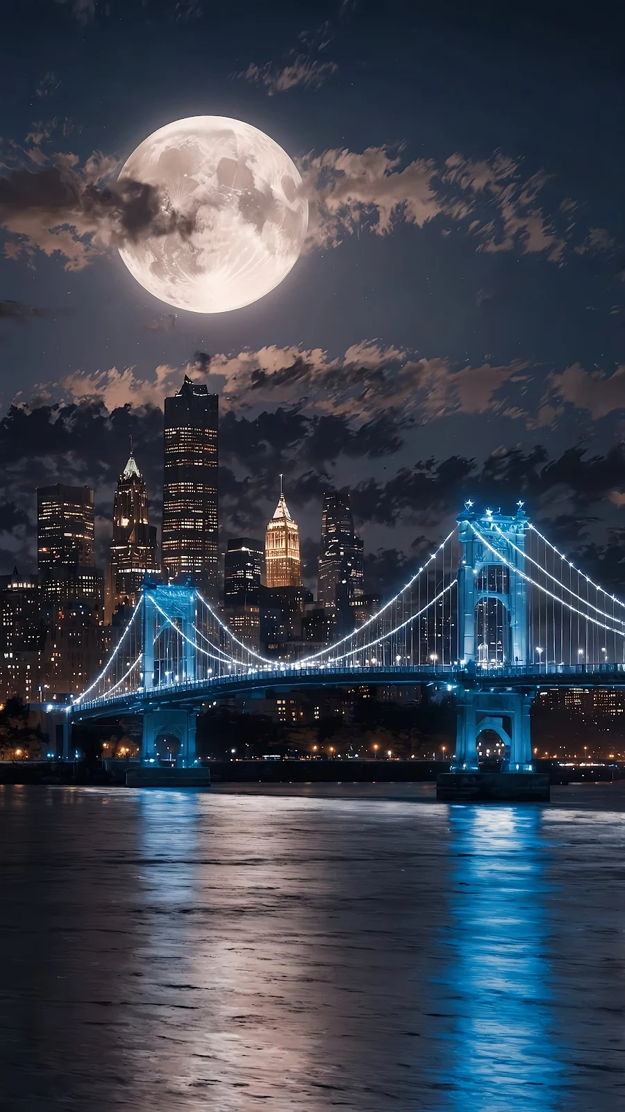 Nightscape, Cityscape, Bridge, Moon 4K iPhone Wallpaper Background (2304x4096)