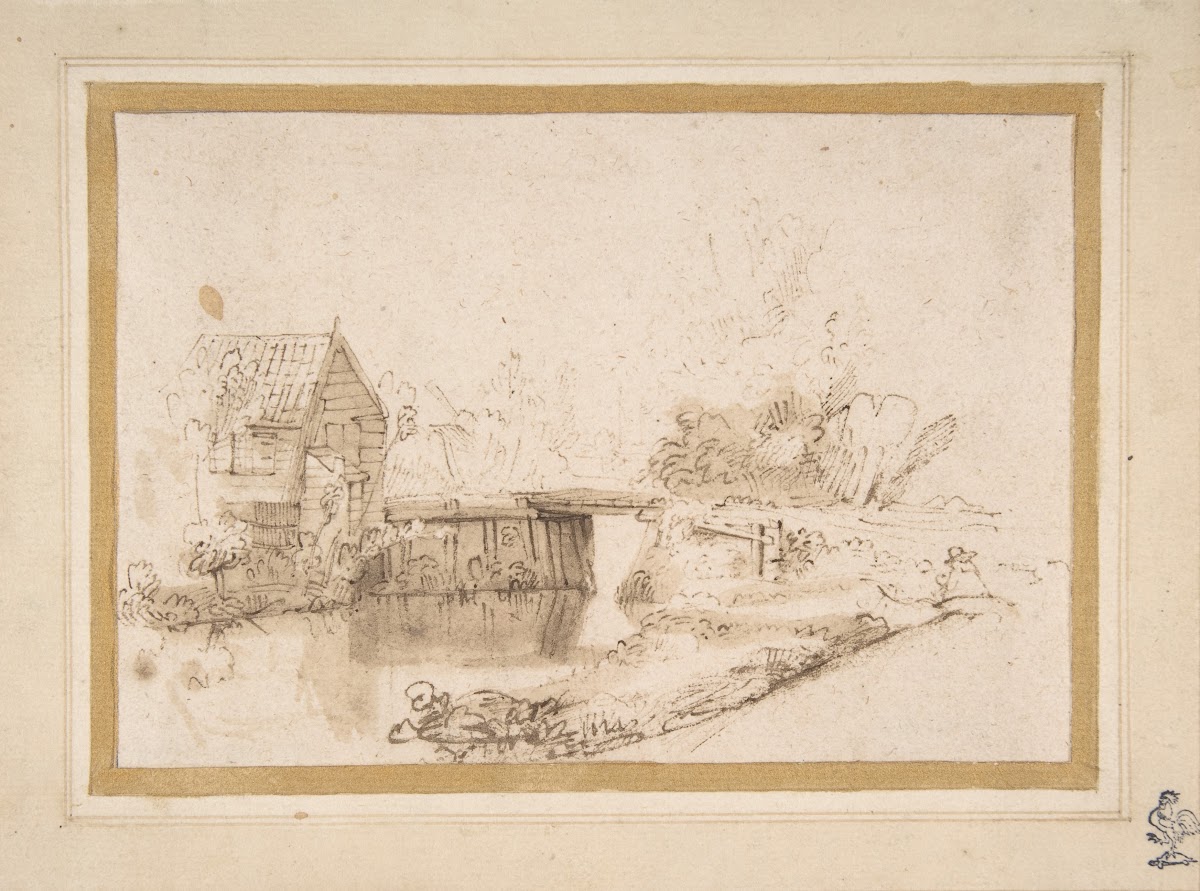 Landscape with a Draughtsman Seated by a River a Bridge and a Cottage Behind 17t