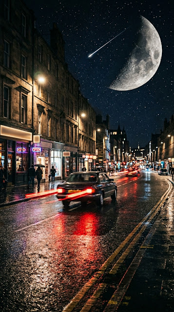 Cinematic Rainy Night City Street with Car and Crescent Moon - Free mobile Wallpaper