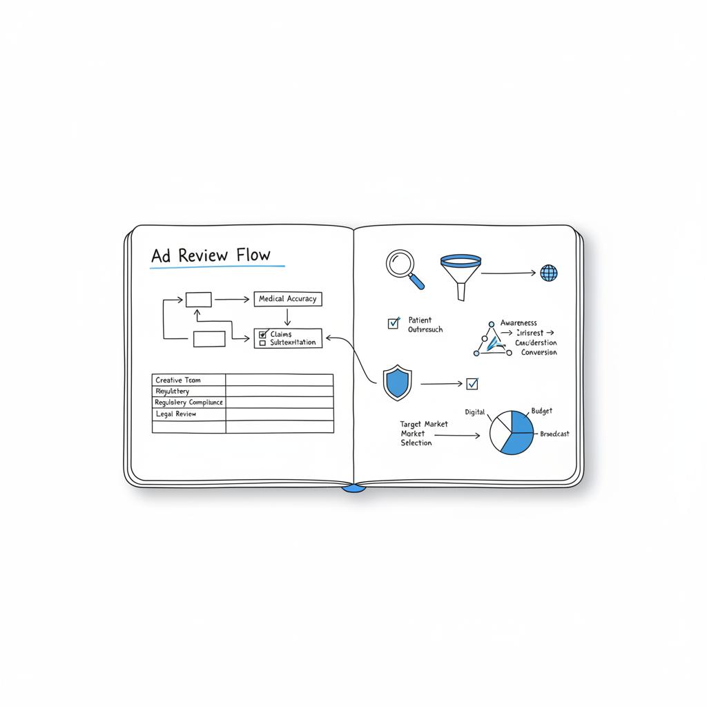 Minimal 2D vector notebook-style diagram of an ad review flow with magnifying glass, shield, and globe icons in Agency Visible colors for medical advertising