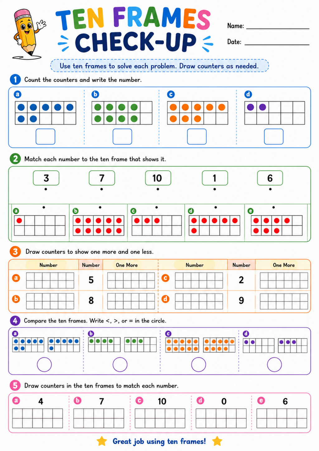 Ten Frames Check-Up Worksheet