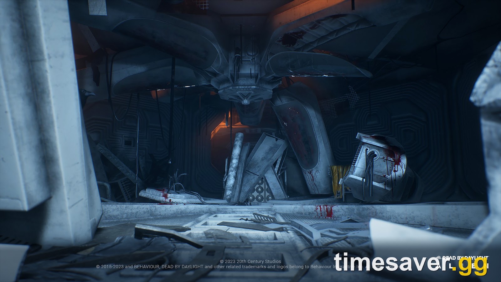 A wrecked blood-stained interior corridor of the Nostromo Wreckage map in Dead by Daylight