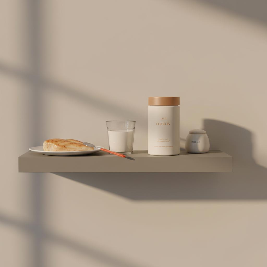 Minimalist morning kitchen with Tonum Motus jar beside cooked chicken and a glass of milk, weight loss routine — are amino acids worth taking