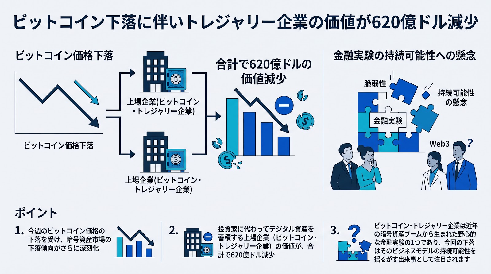 ビットコインの下落に伴いトレジャリー企業の価値が620億ドル減少