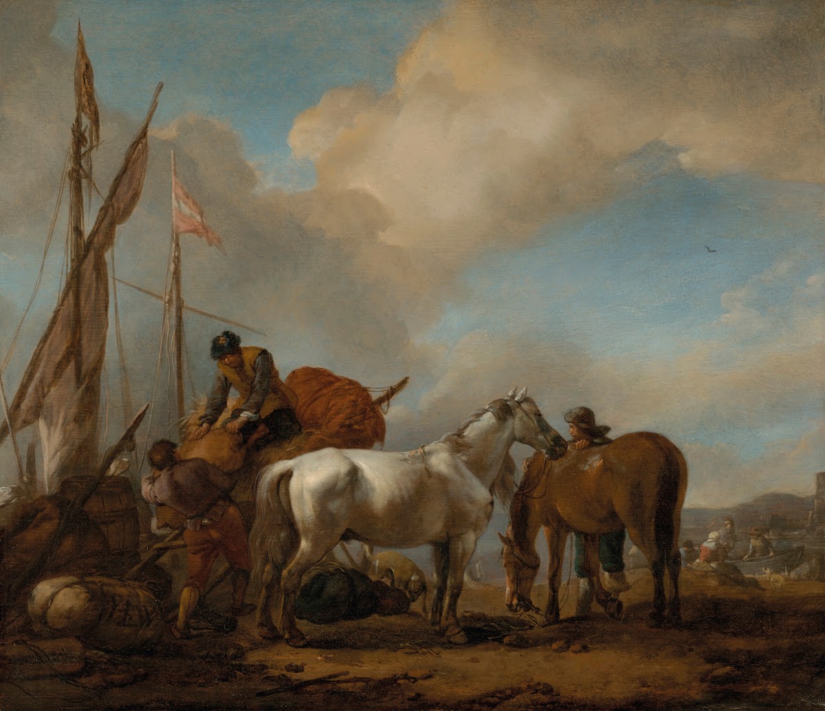 Horses in a landscape with figures loading bales onto a boat