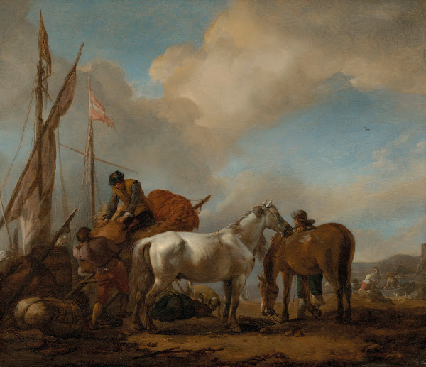 Horses in a landscape with figures loading bales onto a boat