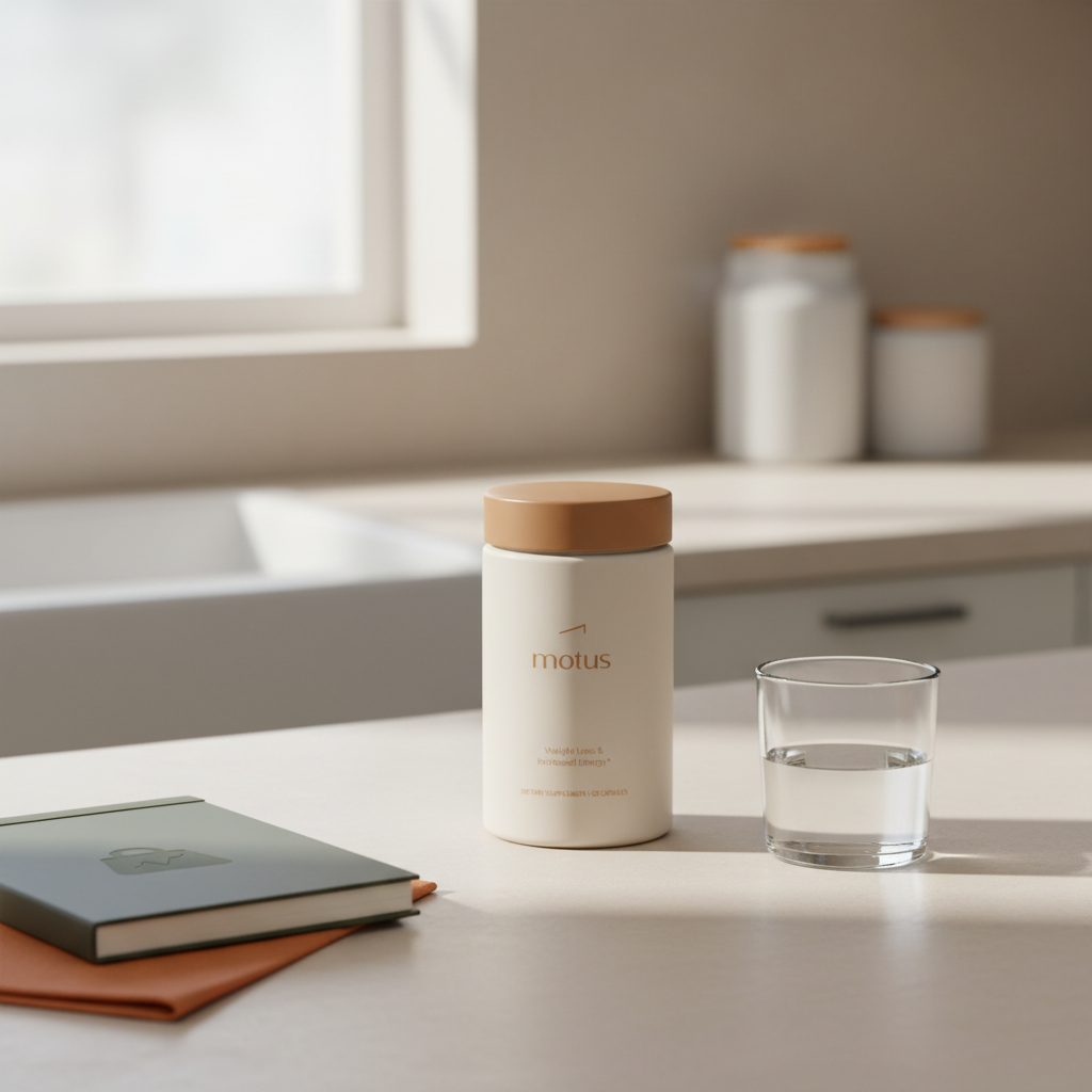 Tonum Motus supplement jar centered on a neutral countertop with a glass of water and a closed notebook; best protein powder for weight loss focus, minimalist brand scene.
