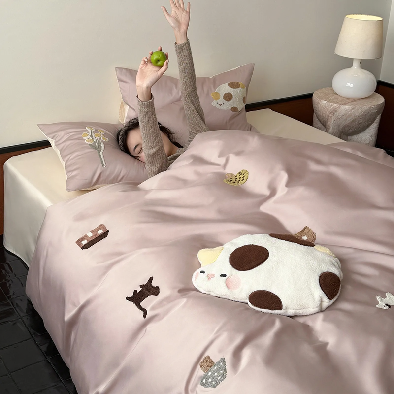 Cotton bedding set, 4-piece, terry embroidery