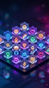 Abstract 3D Glowing Emoji Cubes with Neon Lighting
