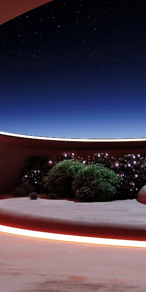 Futuristic Architecture, Night Sky, Modern Design, Outdoor Patio 4K Wallpaper Background